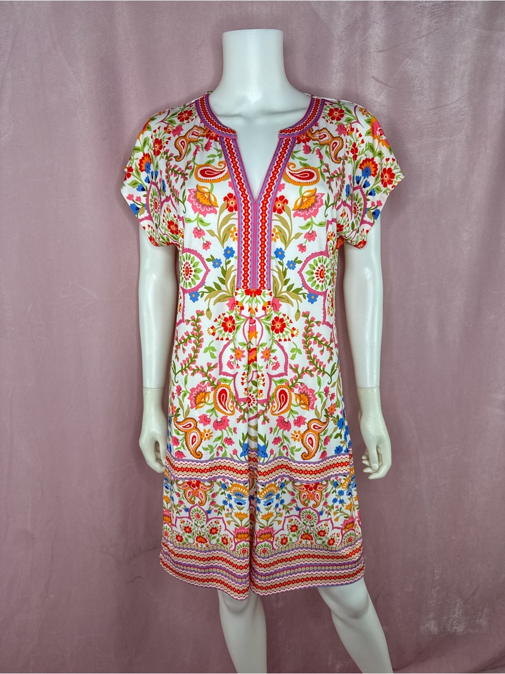 Hale Bob Womens White Floral Print Dress Size Medium Pockets V-Neck